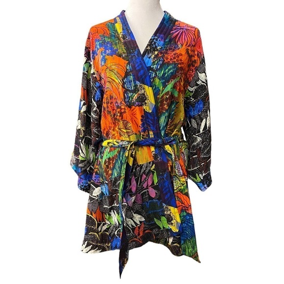 Robert Graham Multicolor belted 100% Silk Colorful Floral robe kimono jacket L - Picture 11 of 15